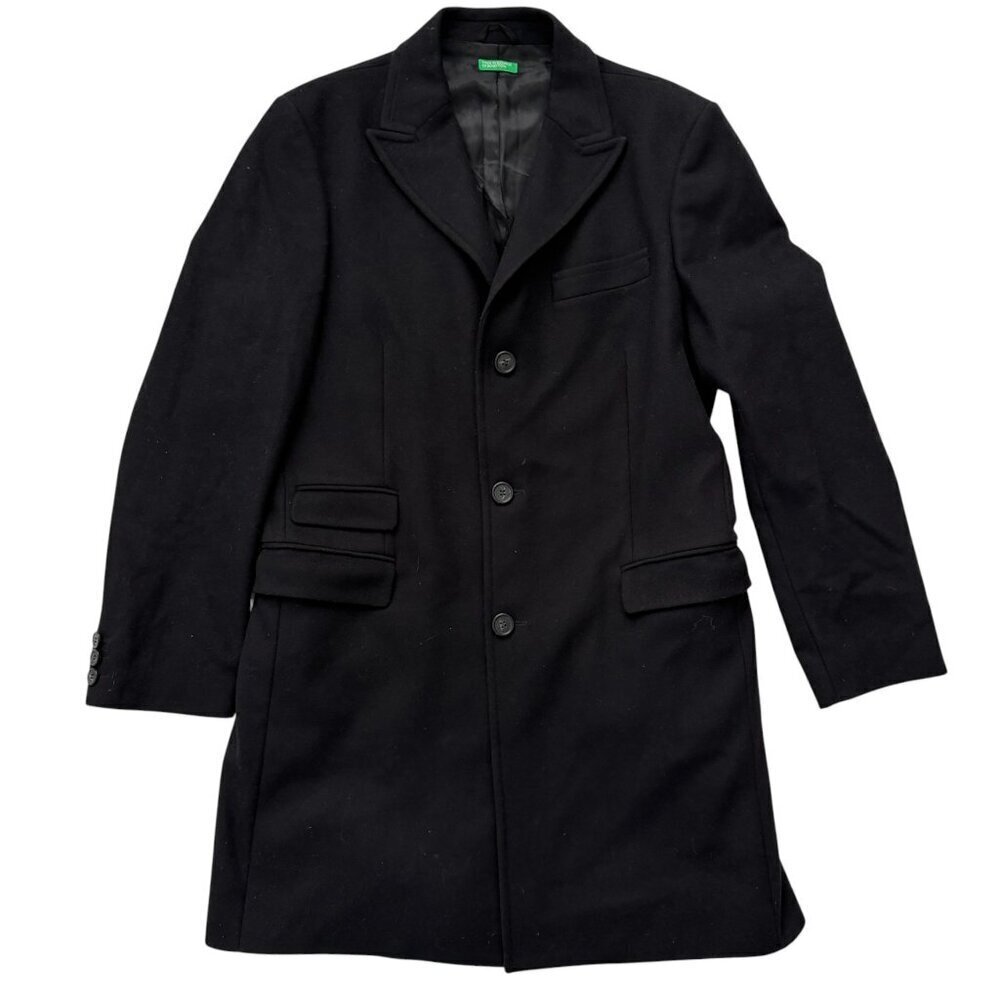 BENETTON Wool Button Front Long Dress Coat Black Large Sz 50 - Picture 3 of 16